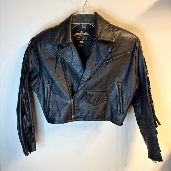 Don’t Stop Jackets & Blazers - Don’t Stop Vintage Cropped Black Leather Jacket with Fringe Fringes Size S
